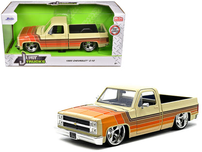 1985 Chevrolet C-10 Pickup Truck Beige with Stripes and Cartelli Wheels "Just Trucks" Series 1/24 Diecast Model Car by Jada  free shipping USA