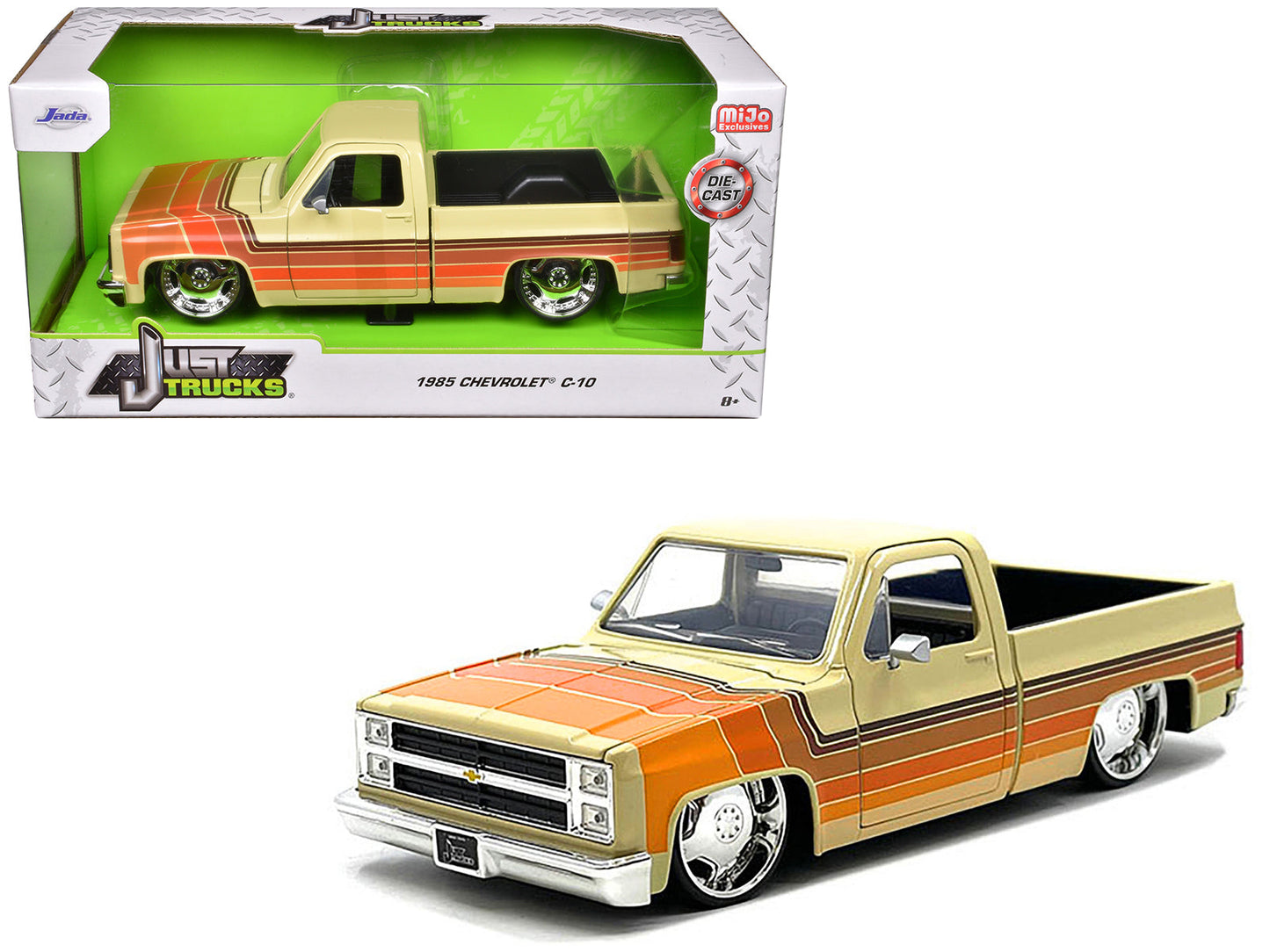 1985 Chevrolet C-10 Pickup Truck Beige with Stripes and Lowenhart Wheels "Just Trucks" Series 1/24 Diecast Model Car by Jada  free shipping USA