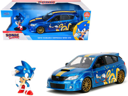 2012 Subaru Impreza WRX STI Blue Metallic with Graphics and Sonic The Hedgehog Diecast Figure "Sonic The Hedgehog" "Hollywood Rides" Series 1/24 Diecast Model Car by Jada  free shipping USA