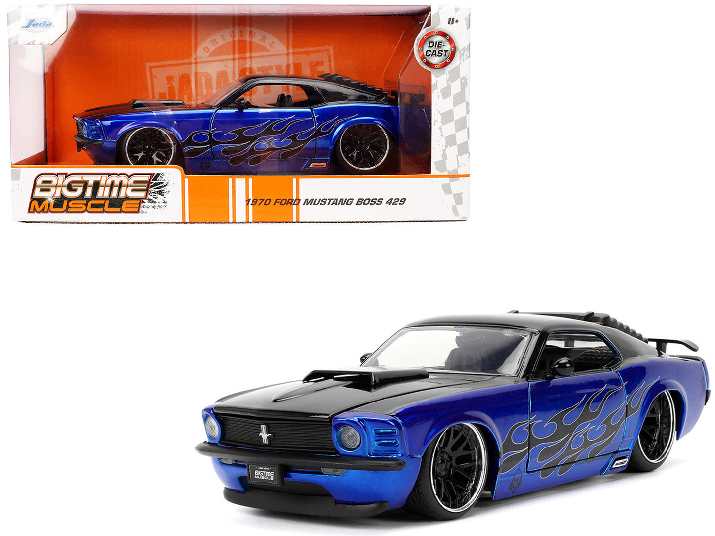1970 Ford Mustang Boss 429 Black and Blue Metallic with Flames "Bigtime Muscle" Series 1/24 Diecast Model Car by Jada  free shipping USA