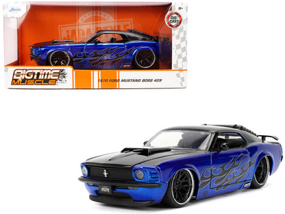 1970 Ford Mustang Boss 429 Black and Blue Metallic with Flames "Bigtime Muscle" Series 1/24 Diecast Model Car by Jada  free shipping USA