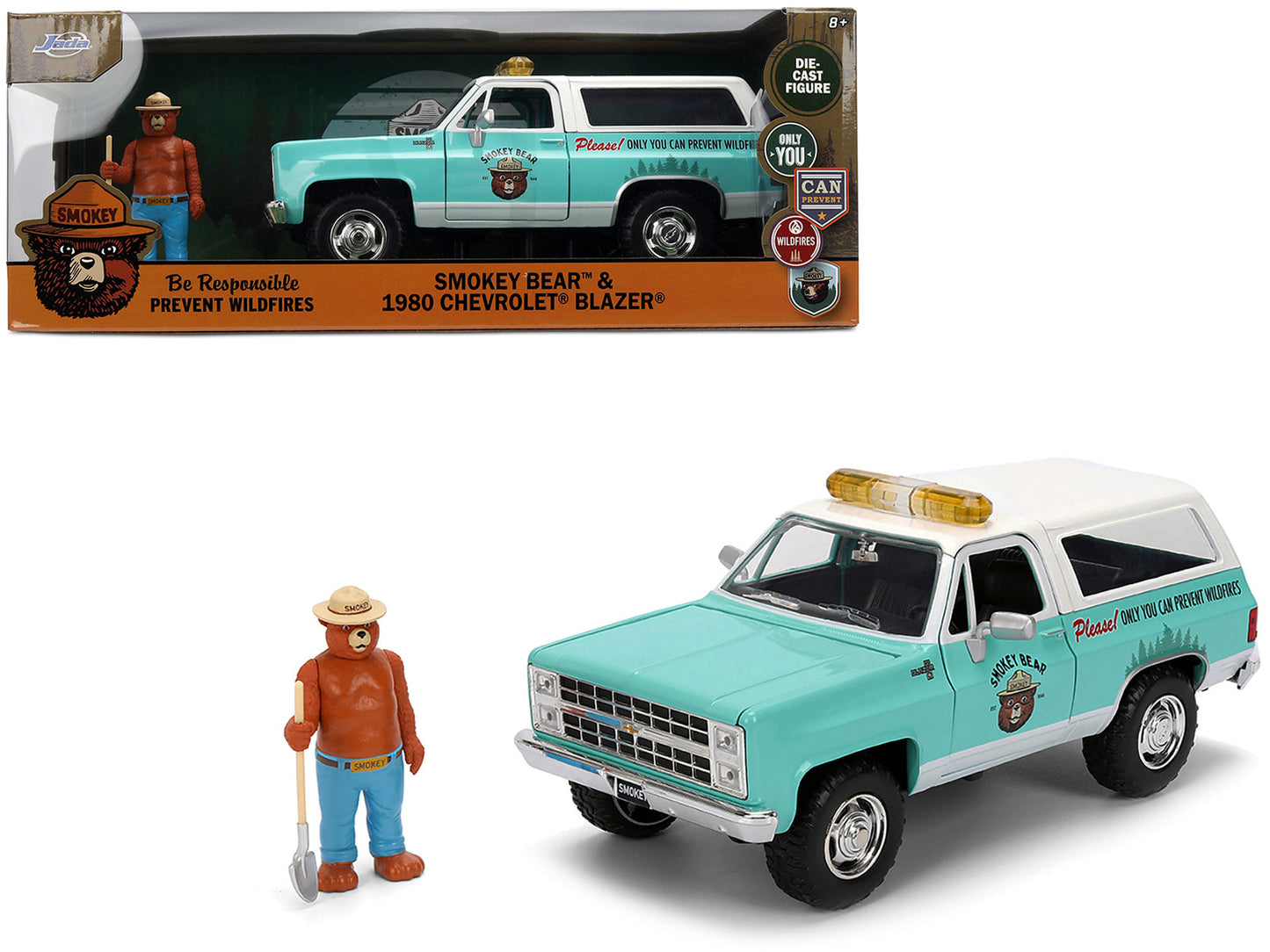1980 Chevrolet Blazer Light Green with White Top and Graphics and Smokey Bear Diecast Figure "Smokey Bear" "Hollywood Rides" Series 1/24 Diecast Model by Jada  free shipping USA