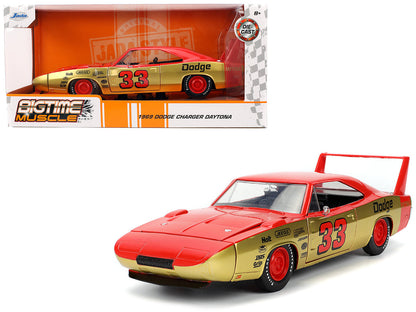 1969 Dodge Charger Daytona #33 Red and Gold Metallic with Graphics "Bigtime Muscle" Series 1/24 Diecast Model Car by Jada  free shipping USA