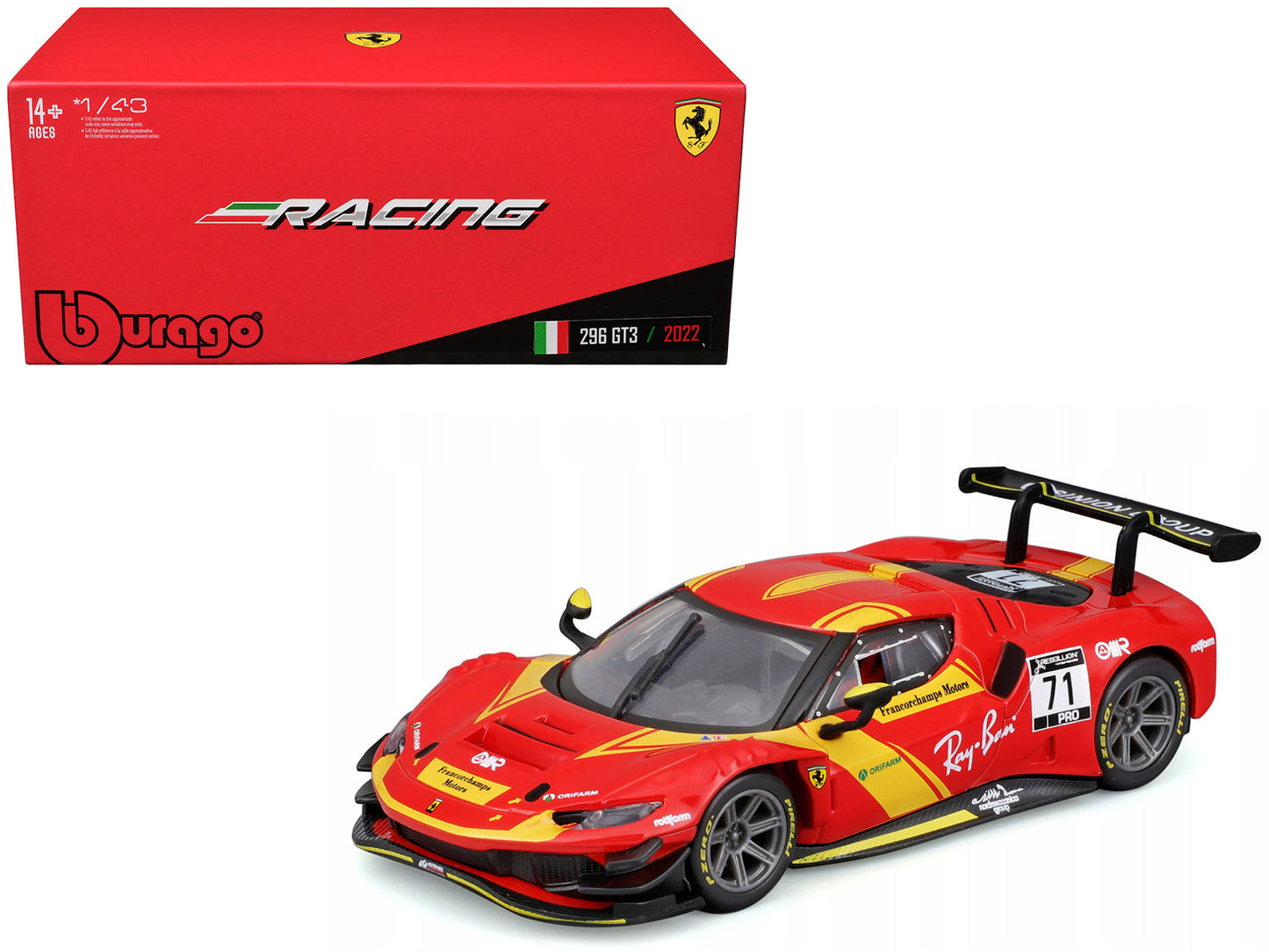 Ferrari 296 GT3 #71 Red "Francorchamps Motors" (2022) "Racing" Series with Display Case 1/43 Diecast Model Car by Bburago  free shipping USA