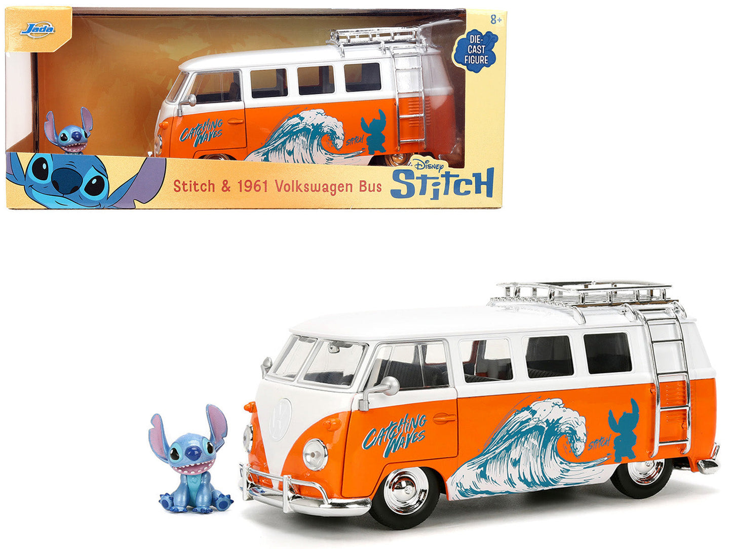 1961 Volkswagen Bus "Catching Waves" White and Orange with Stich Diecast Figure "Disney's Stitch" "Hollywood Rides" Series 1/24 Diecast Model by Jada  free shipping USA
