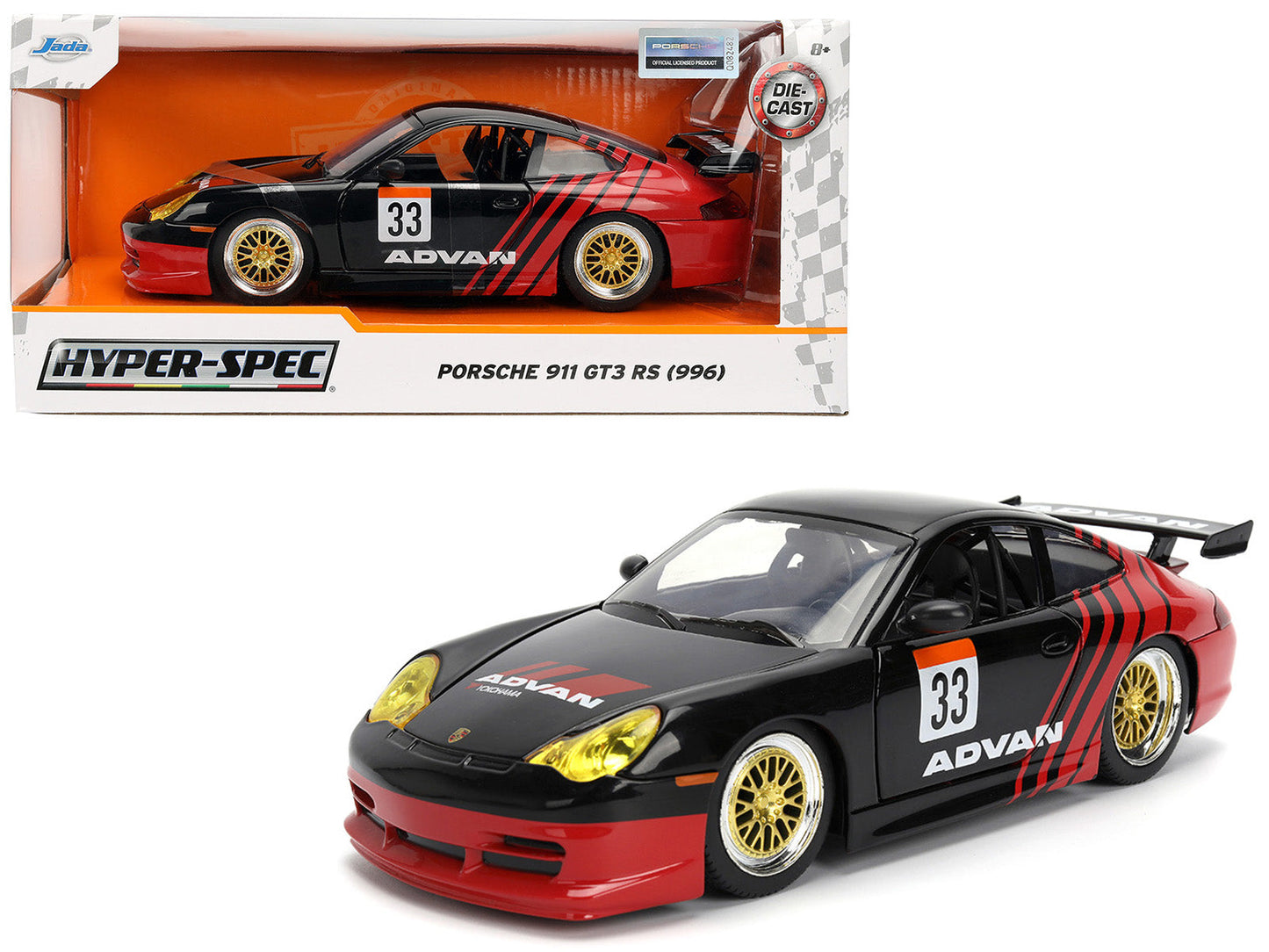 Porsche 911 GT3 RS (996) #33 "ADVAN" Black and Red "Hyper-Spec" Series 1/24 Diecast Model Car by Jada  free shipping USA