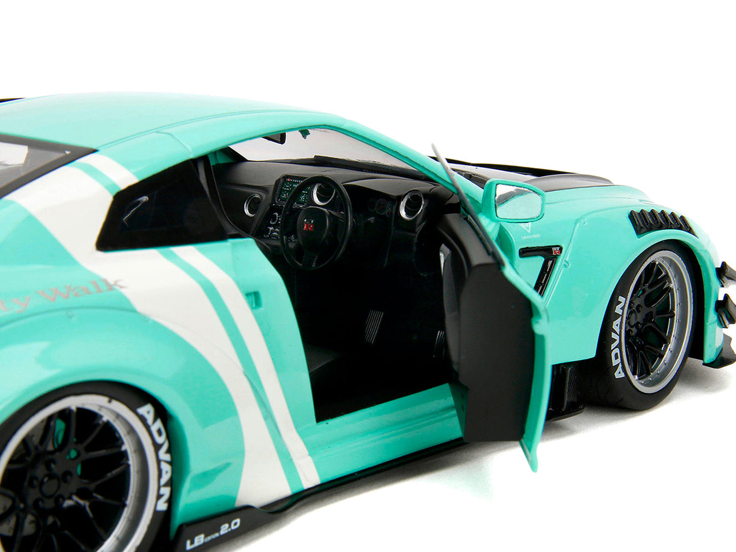 Nissan GT-R (R35) Liberty Walk Body Kit 2.0 RHD (Right Hand Drive) Light Blue with Black Hood and White Stripes "Pink Slips" Series 1/18 Diecast Model Car by Jada