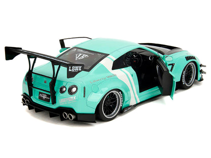 Nissan GT-R (R35) Liberty Walk Body Kit 2.0 RHD (Right Hand Drive) Light Blue with Black Hood and White Stripes "Pink Slips" Series 1/18 Diecast Model Car by Jada