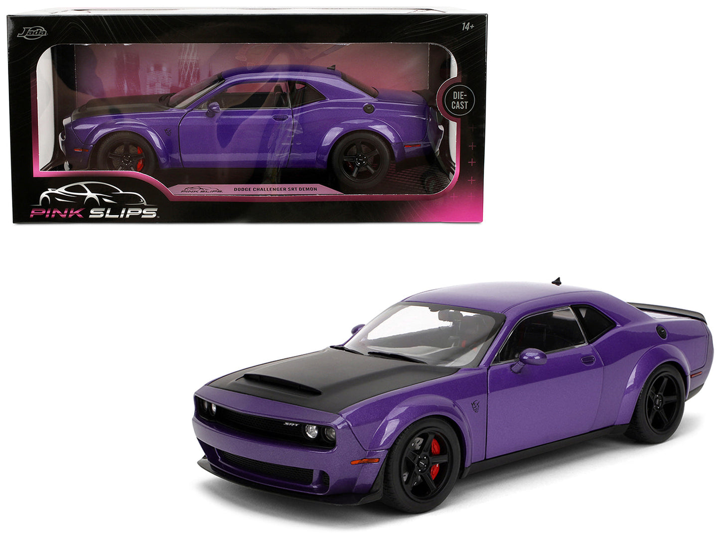 Dodge Challenger SRT Demon Purple Metallic with Matt Black Hood "Pink Slips" Series 1/18 Diecast Model Car by Jada  free shipping USA