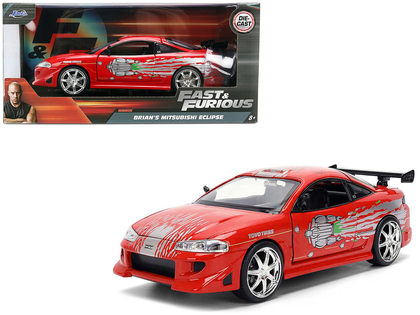 Brian's Mitsubishi Eclipse Red with Graphics Remix "The Fast and The Furious" (2001) Movie "Fast & Furious" Series 1/24 Diecast Model Car by Jada  free shipping USA
