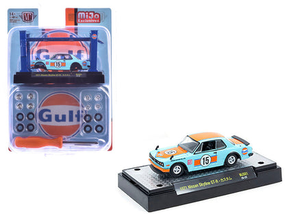 1971 Nissan Skyline GT-R RHD (Right Hand Drive) #15 "Gulf Oil" Light Blue and Orange "Auto-Lifts" Series Limited Edition to 3300 pieces Worldwide 1/64 Diecast Model Car by M2 Machines  free shipping USA