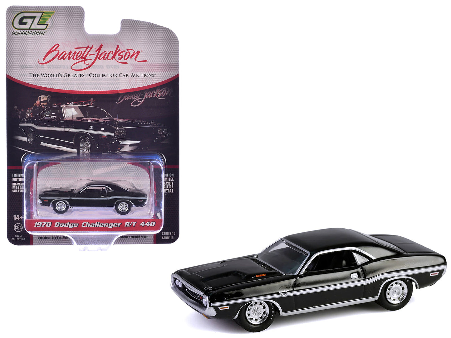 1970 Dodge Challenger R/T 440 Black with White Stripes "Barrett-Jackson" Series 15 1/64 Diecast Model Car by Greenlight  free shipping USA