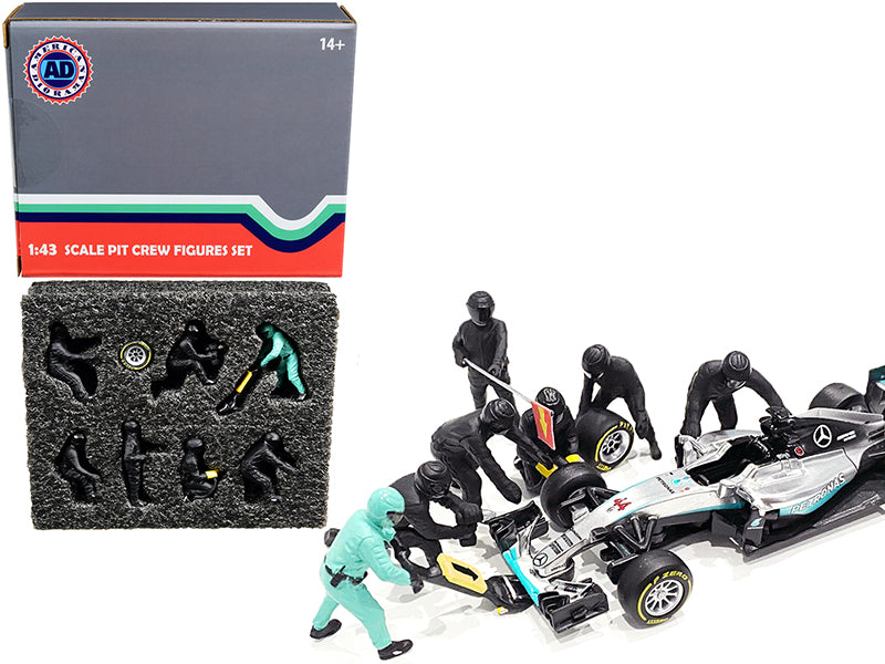 Formula One F1 Pit Crew 7 Figurine Set Team Black for 1/43 Scale Models by American Diorama  free shipping USA