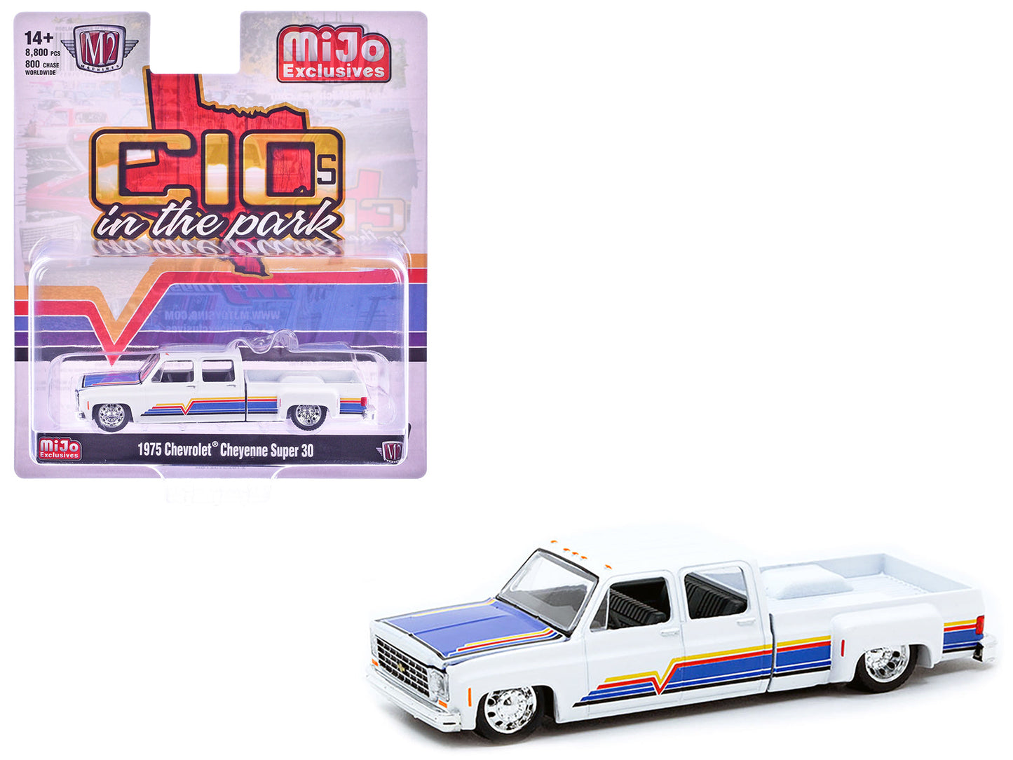 1975 Chevrolet Cheyenne Super 30 Dually Pickup Truck White with Blue Hood and Stripes Limited Edition to 8800 pieces Worldwide 1/64 Diecast Model Car by M2 Machines  free shipping USA