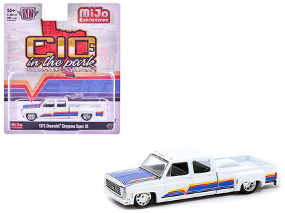 1975 Chevrolet Cheyenne Super 30 Dually Pickup Truck White with Blue Hood and Stripes Limited Edition to 8800 pieces Worldwide 1/64 Diecast Model Car by M2 Machines  free shipping USA
