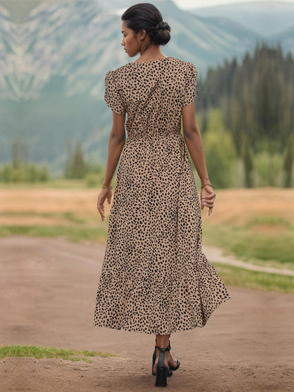 Perfee Slit Printed V-Neck Short Sleeve Dress