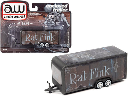 4-Wheel Enclosed Car Trailer Dark Gray with Graphics "Rat Fink" 1/64 Diecast Model by Auto World  free shipping USA