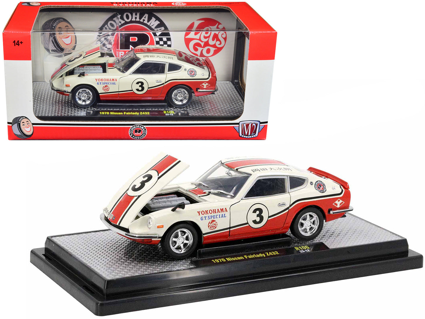 1970 Nissan Fairlady Z 432 RHD (Right Hand Drive) #3 Wimbledon White with Red and Black Stripes "Yokohama GT Special" Limited Edition to 5250 pieces Worldwide 1/24 Diecast Model Car by M2 Machines  free shipping USA
