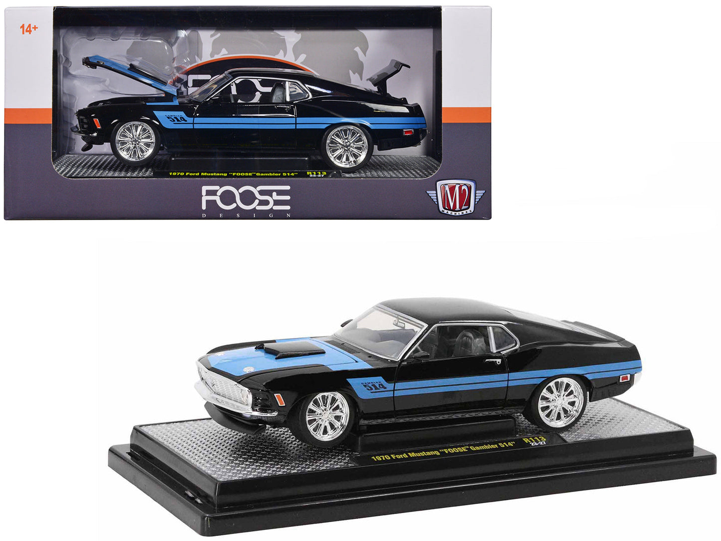 1970 Ford Mustang Gambler 514 Black with Blue Stripes "Foose" Limited Edition to 6650 pieces Worldwide 1/24 Diecast Model Car by M2 Machines  free shipping USA