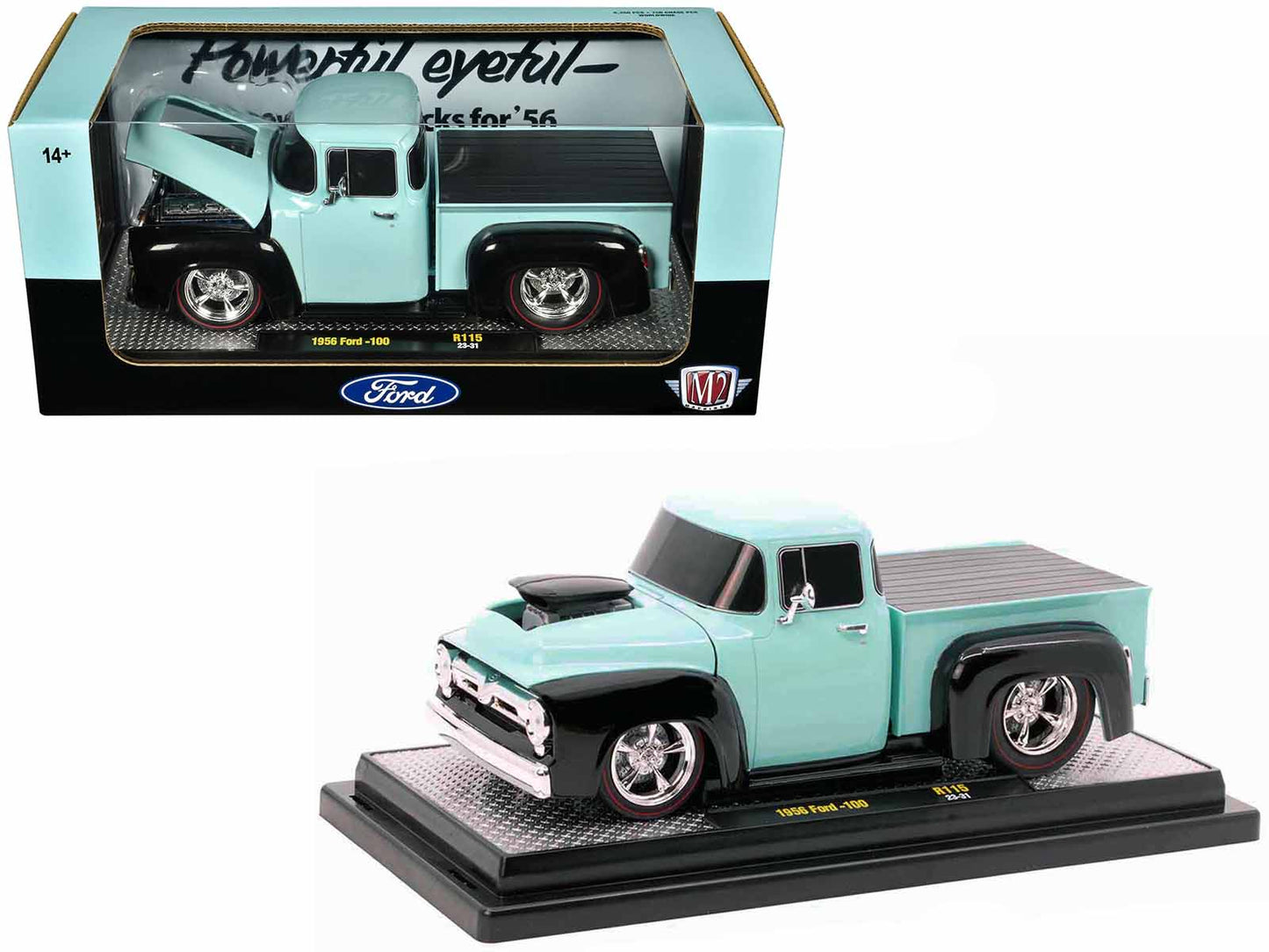 1956 Ford F-100 Pickup Truck Light Blue and Black Limited Edition to 6250 pieces Worldwide 1/24 Diecast Model Car by M2 Machines  free shipping USA