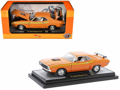 1971 Dodge Challenger R/T 440 Orange with Yellow Stripes and White Interior Limited Edition to 5250 pieces Worldwide 1/24 Diecast Model Car by M2 Machines  free shipping USA