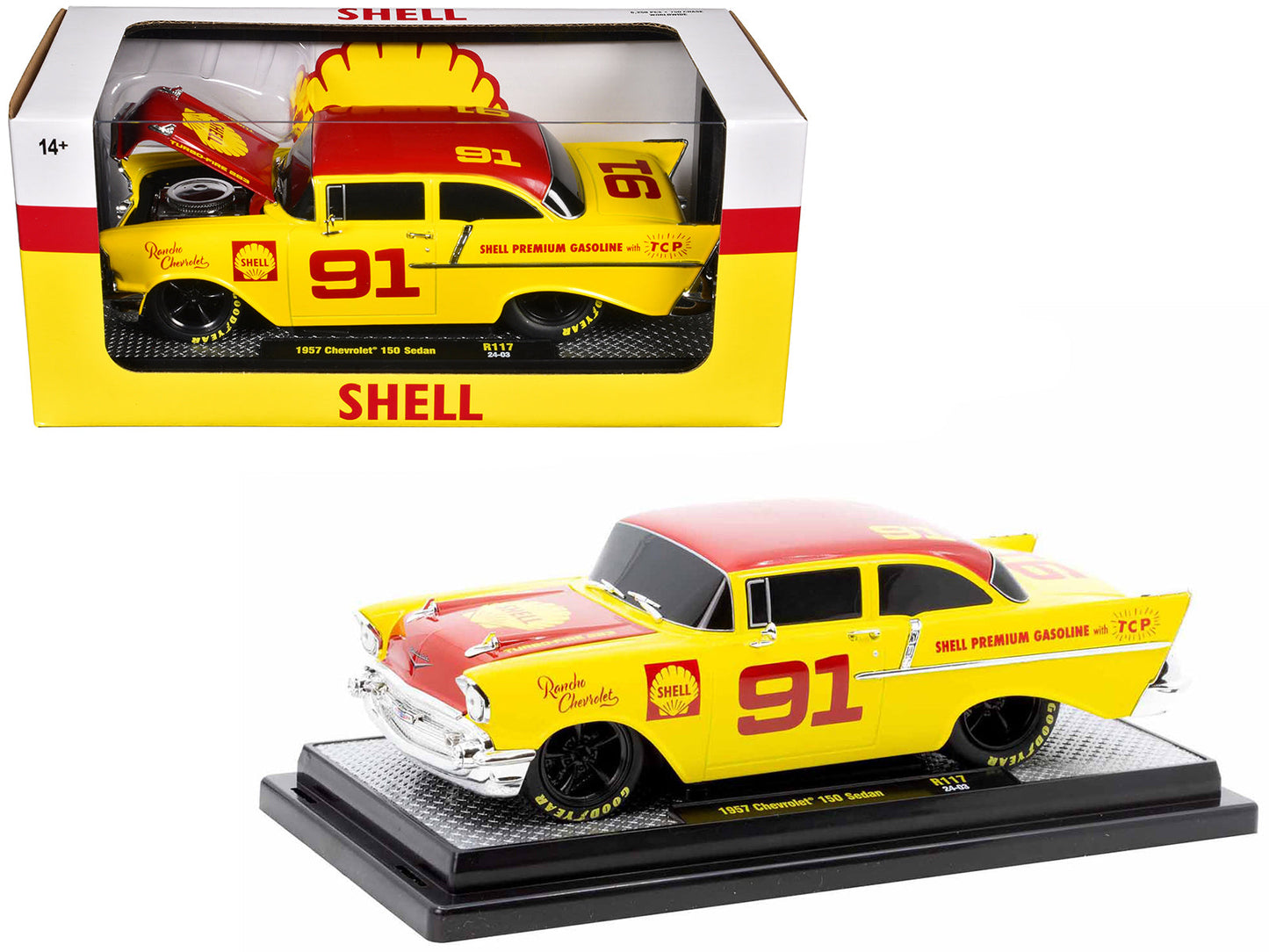 1957 Chevrolet 150 Sedan #91 Yellow with Red Hood and Top "Shell Oil" Limited Edition to 6250 pieces Worldwide 1/24 Diecast Model Car by M2 Machines  free shipping USA