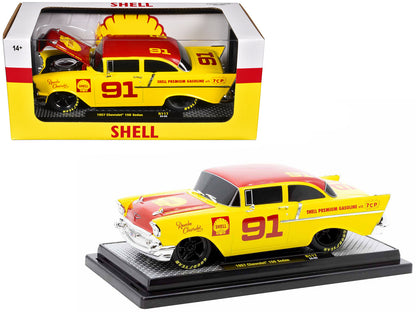 1957 Chevrolet 150 Sedan #91 Yellow with Red Hood and Top "Shell Oil" Limited Edition to 6250 pieces Worldwide 1/24 Diecast Model Car by M2 Machines  free shipping USA