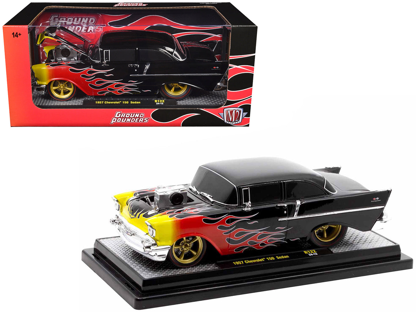 1957 Chevrolet 150 Sedan Black with Flames Graphics Limited Edition to 4250 pieces Worldwide 1/24 Diecast Model Car by M2 Machines  free shipping USA