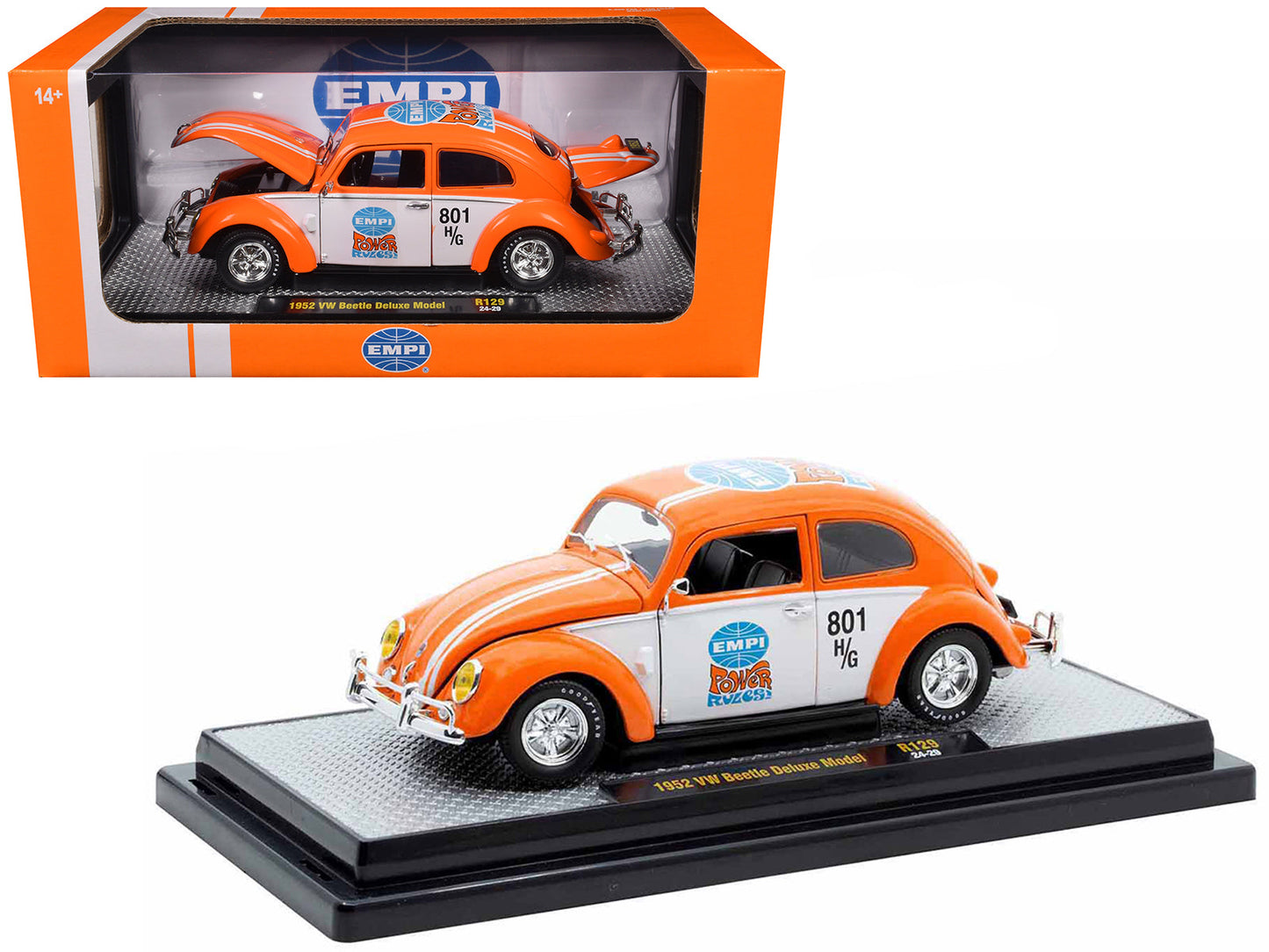 1952 Volkswagen Beetle Deluxe Model "EMPI Power Rules" Orange and White with Graphics Limited Edition to 6650 pieces Worldwide 1/24 Diecast Model Car by M2 Machines  free shipping USA