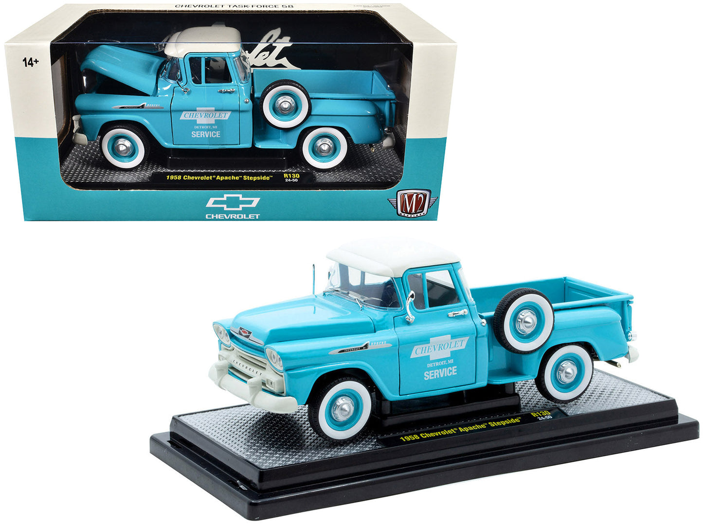 1958 Chevrolet Apache Stepside Pickup Truck "Chevrolet Service" Light Blue with White Top Limited Edition to 6650 pieces Worldwide 1/24 Diecast Model Car by M2 Machines  free shipping USA