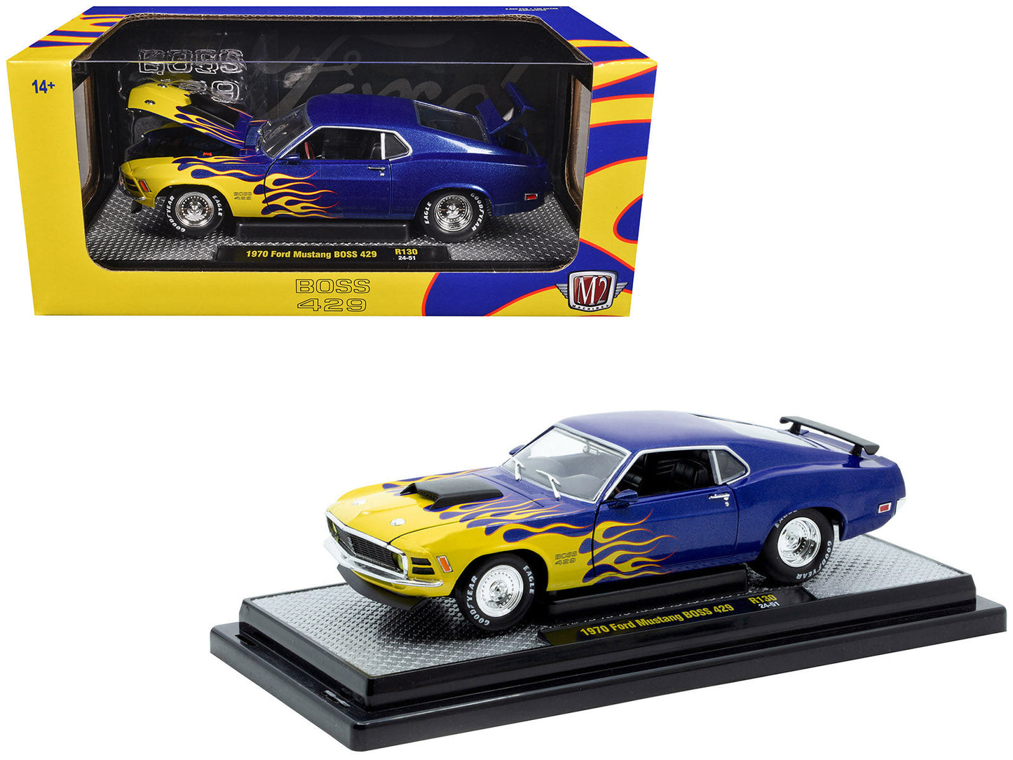 1970 Ford Mustang BOSS 429 Blue Metallic with Flame Graphics Limited Edition to 6650 pieces Worldwide 1/24 Diecast Model Car by M2 Machines  free shipping USA
