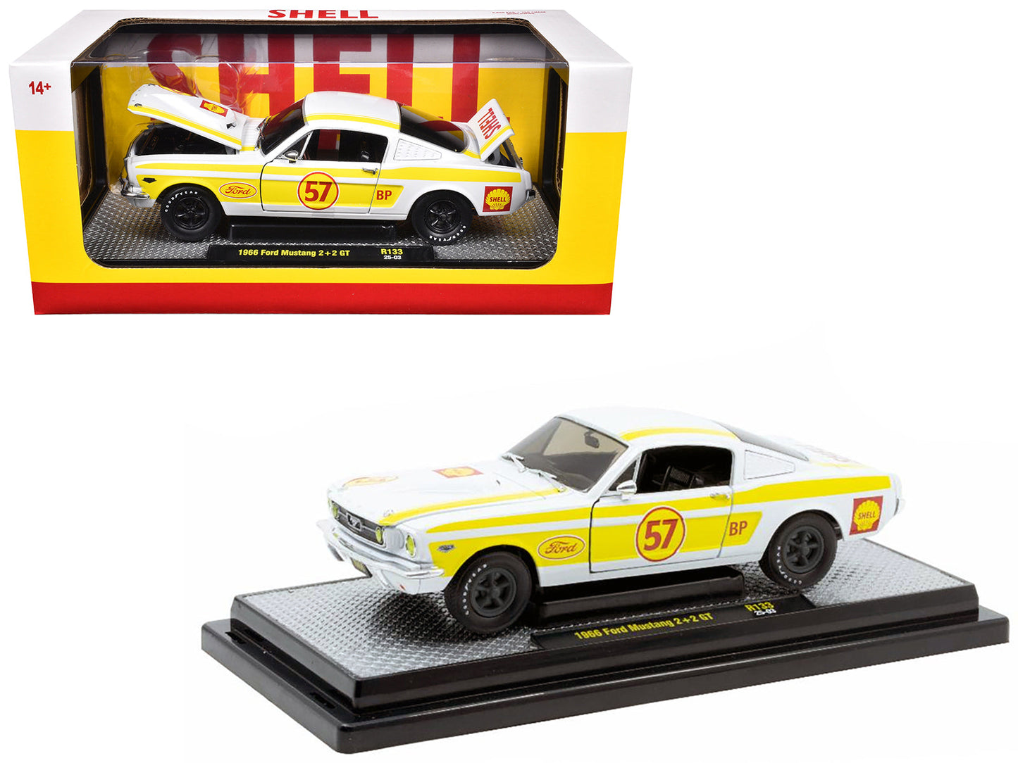 1966 Ford Mustang 2+2 GT #57 "Shell Oil" White with Yellow Stripes Limited Edition to 5650 pieces Worldwide 1/24 Diecast Model Car by M2 Machines  free shipping USA