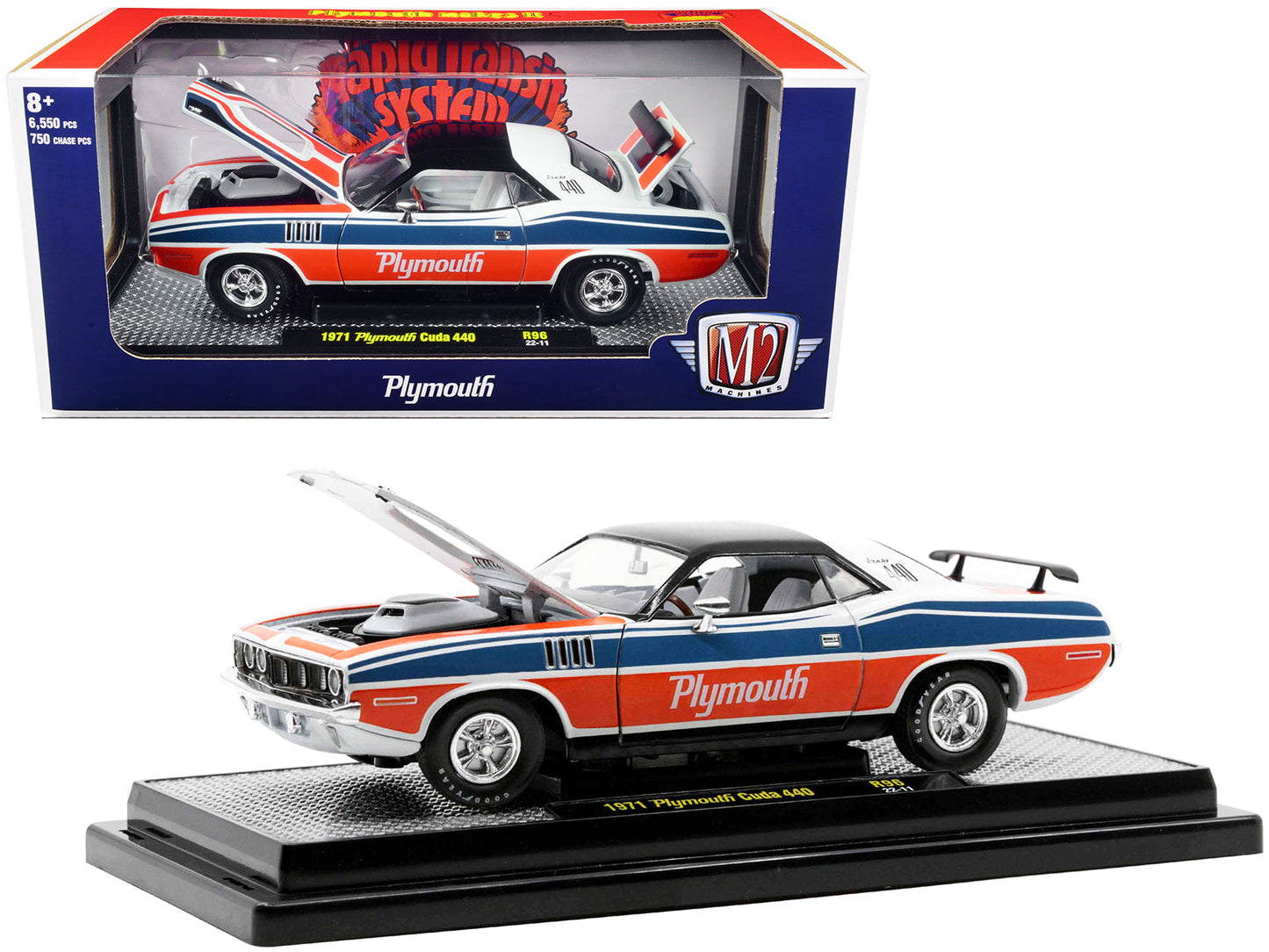 1971 Plymouth Barracuda 440 Pearl White with Blue and Red Stripes and Black Top Limited Edition to 6550 pieces Worldwide 1/24 Diecast Model Car by M2 Machines  free shipping USA