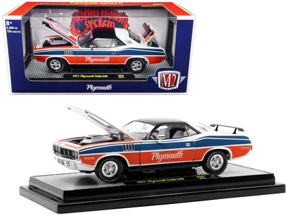 1971 Plymouth Barracuda 440 Pearl White with Blue and Red Stripes and Black Top Limited Edition to 6550 pieces Worldwide 1/24 Diecast Model Car by M2 Machines  free shipping USA
