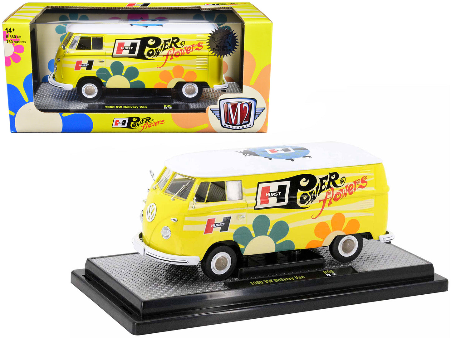 1960 Volkswagen Delivery Van Yellow with Bright White Top and Flower Graphics "Hurst Power Flowers" Limited Edition to 6550 pieces Worldwide 1/24 Diecast Model Car by M2 Machines  free shipping USA