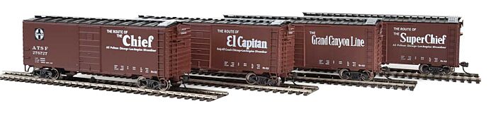 Walthers Mainline 51401 HO Scale 40' Pullman-Standard PS-1 Santa Fe Slogan Boxcar 4-Pack - Ready to Run -- Set #2 - #276660, #276600, #276727, #276536