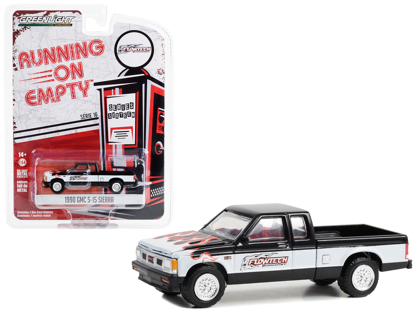1990 GMC S-15 Sierra Pickup Truck Black and White with Flames "Flowtech Exhaust" "Running on Empty" Series 16 1/64 Diecast Model Car by Greenlight  free shipping USA