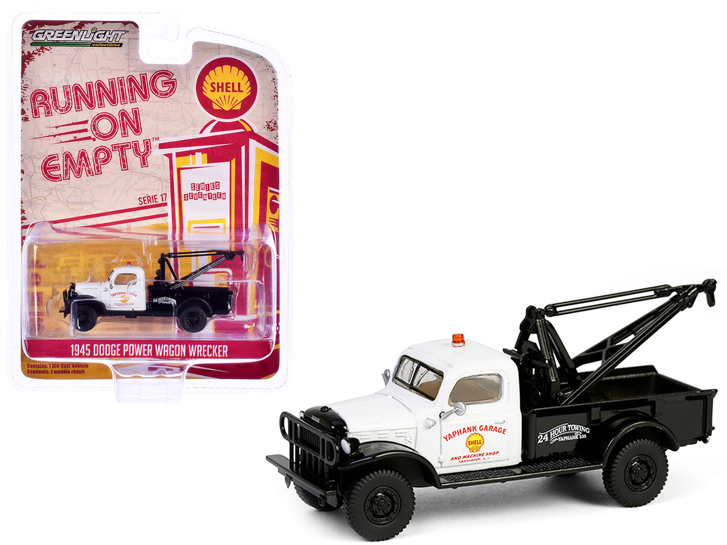 1945 Dodge Power Wagon Wrecker Tow Truck "Shell Oil" White and Black "Running on Empty" Series 17 1/64 Diecast Model Car by Greenlight  free shipping USA