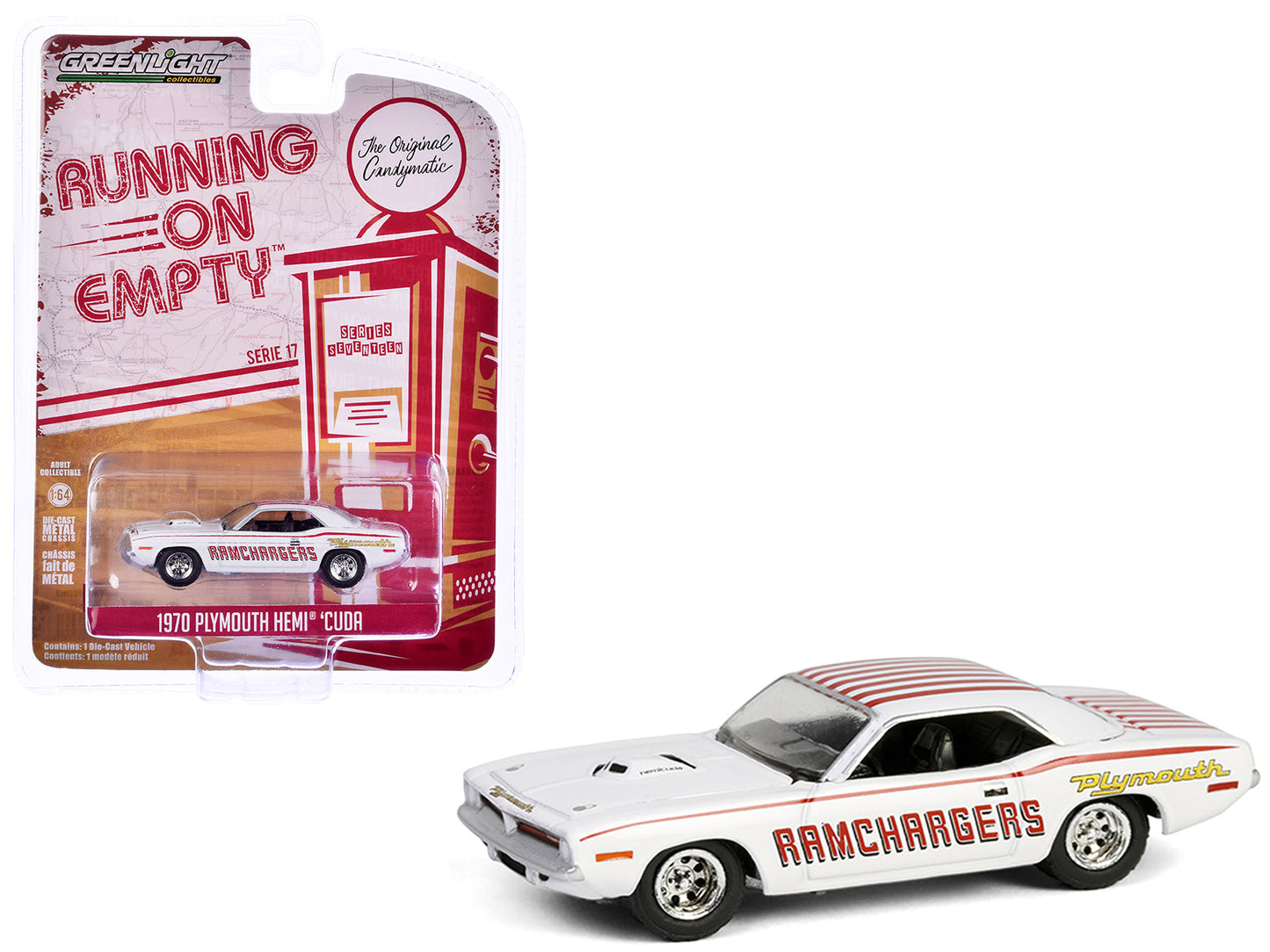 1970 Plymouth Hemi Barracuda "Ramchargers" White with Red Stripes "Running on Empty" Series 17 1/64 Diecast Model Car by Greenlight  free shipping USA