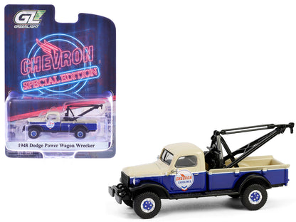1948 Dodge Power Wagon Wrecker Tow Truck Beige and Blue "Chevron Special Edition" Series 1 1/64 Diecast Model Car by Greenlight  free shipping USA