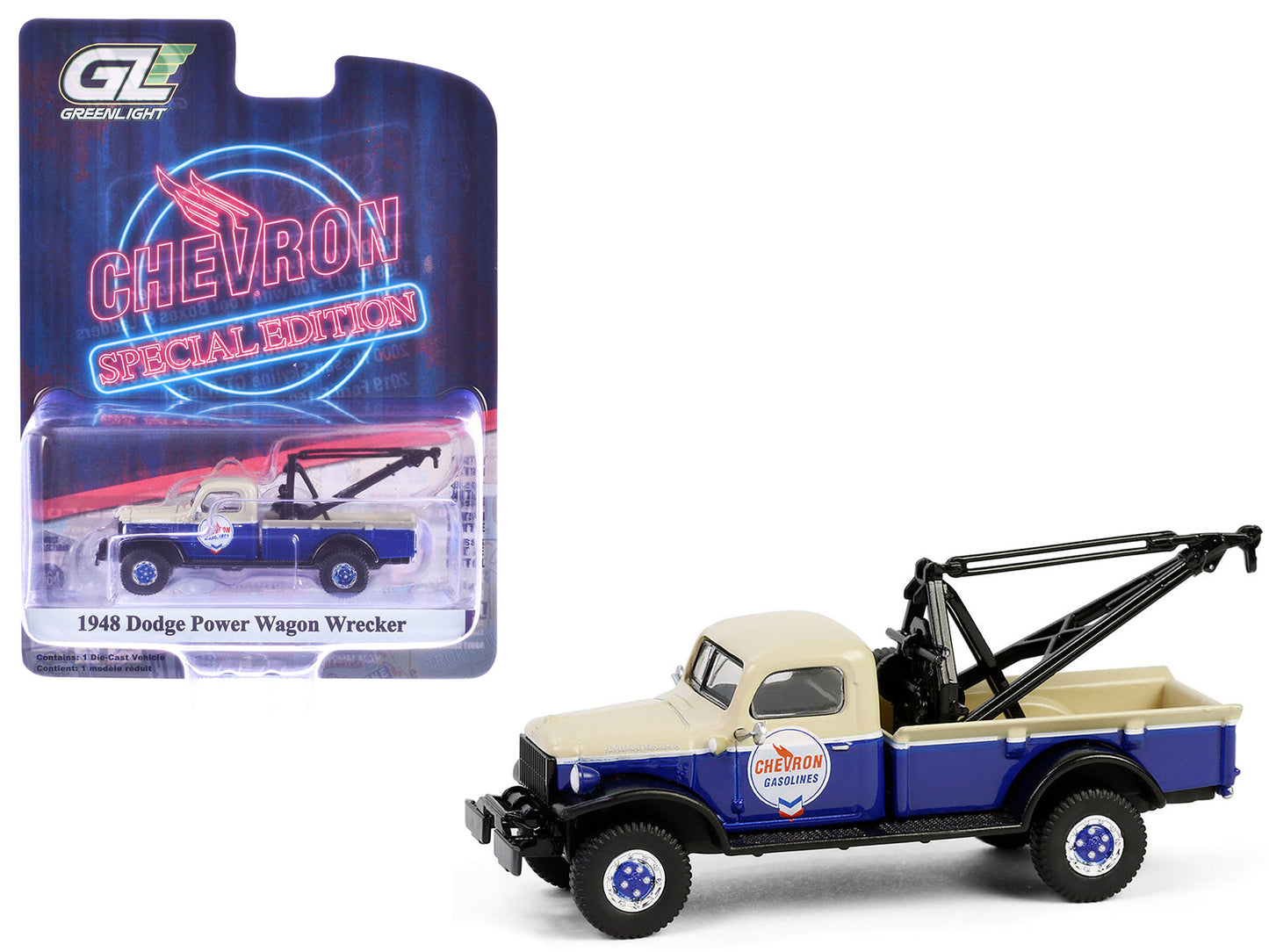 1948 Dodge Power Wagon Wrecker Tow Truck Beige and Blue "Chevron Special Edition" Series 1 1/64 Diecast Model Car by Greenlight  free shipping USA