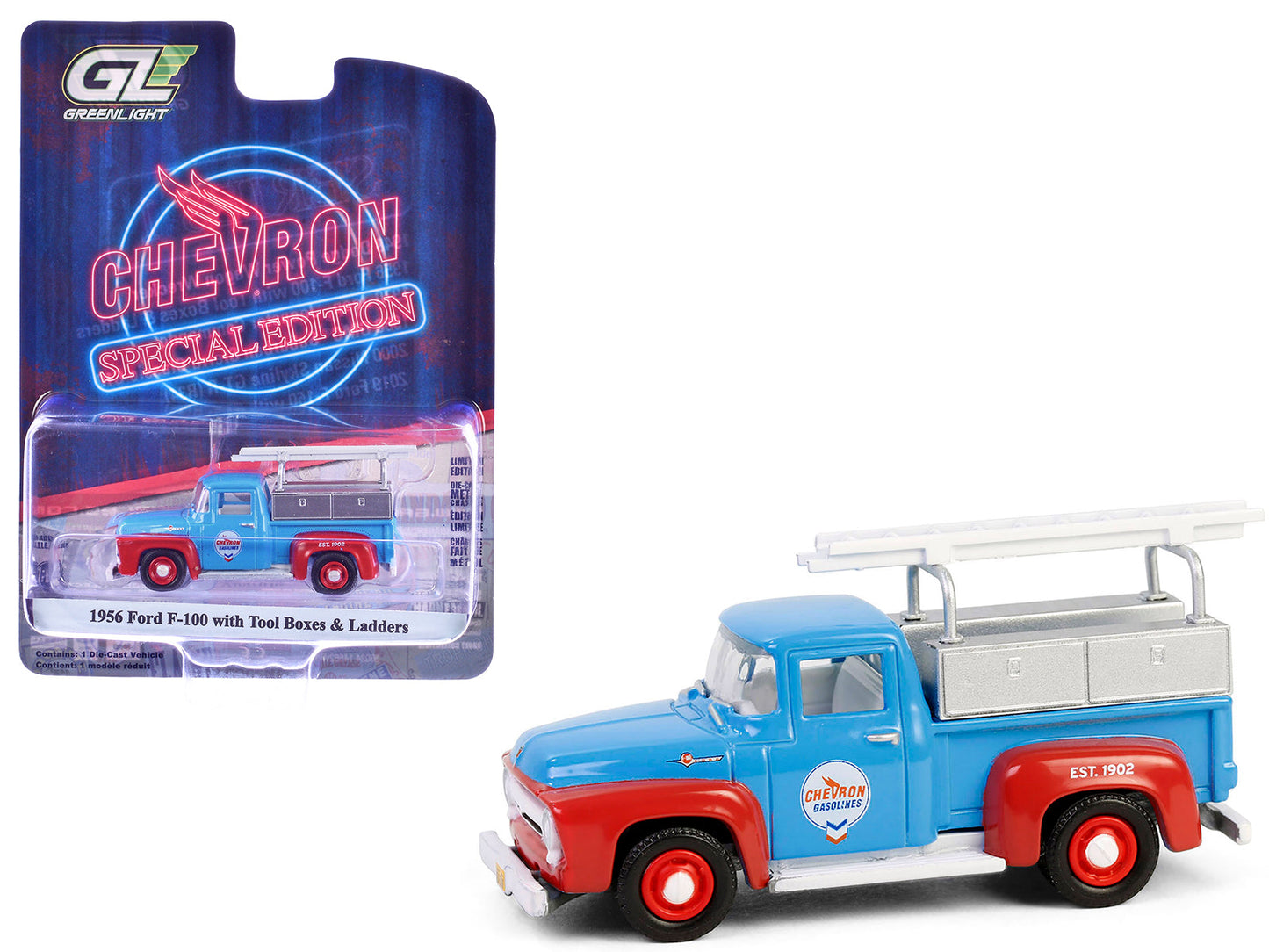 1956 Ford F-100 Pickup Truck with Tool Boxes and Ladders "Chevron" Blue and Red "Chevron Special Edition" Series 1 1/64 Diecast Model Car by Greenlight  free shipping USA