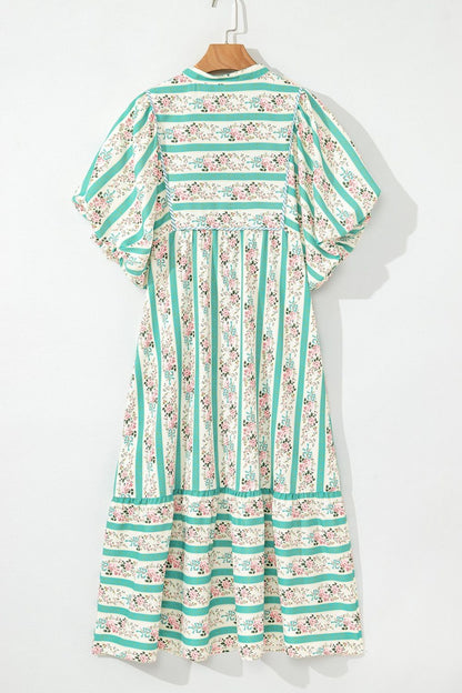 Striped Floral Print Tie Neck Puff Sleeve Midi Dress