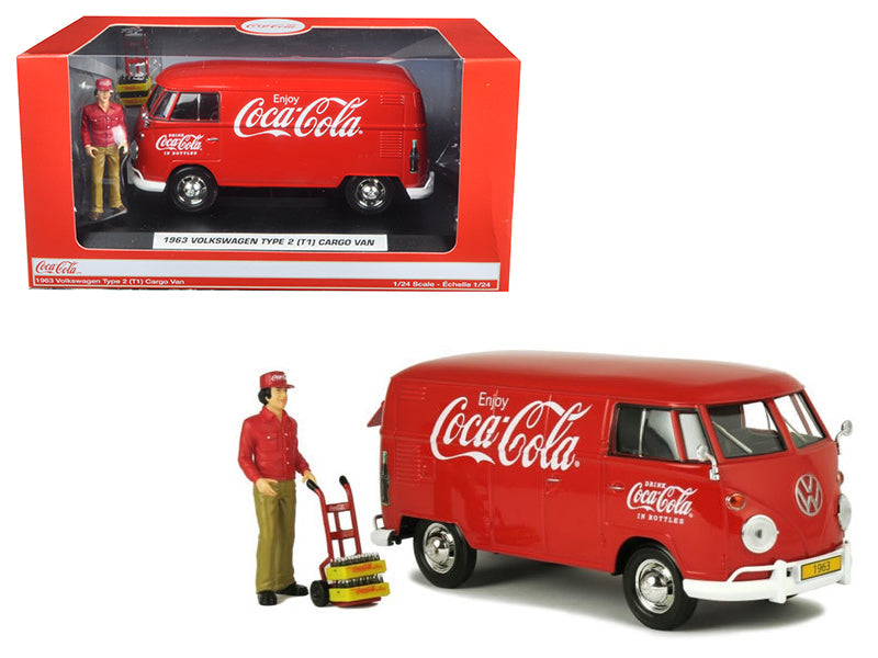 1963 Volkswagen Type 2 (T1) "Coca-Cola" Cargo Van with Delivery Driver Figurine with Handcart and Two Bottle Cases 1/24 Diecast Model Car by Motorcity Classics  free shipping USA