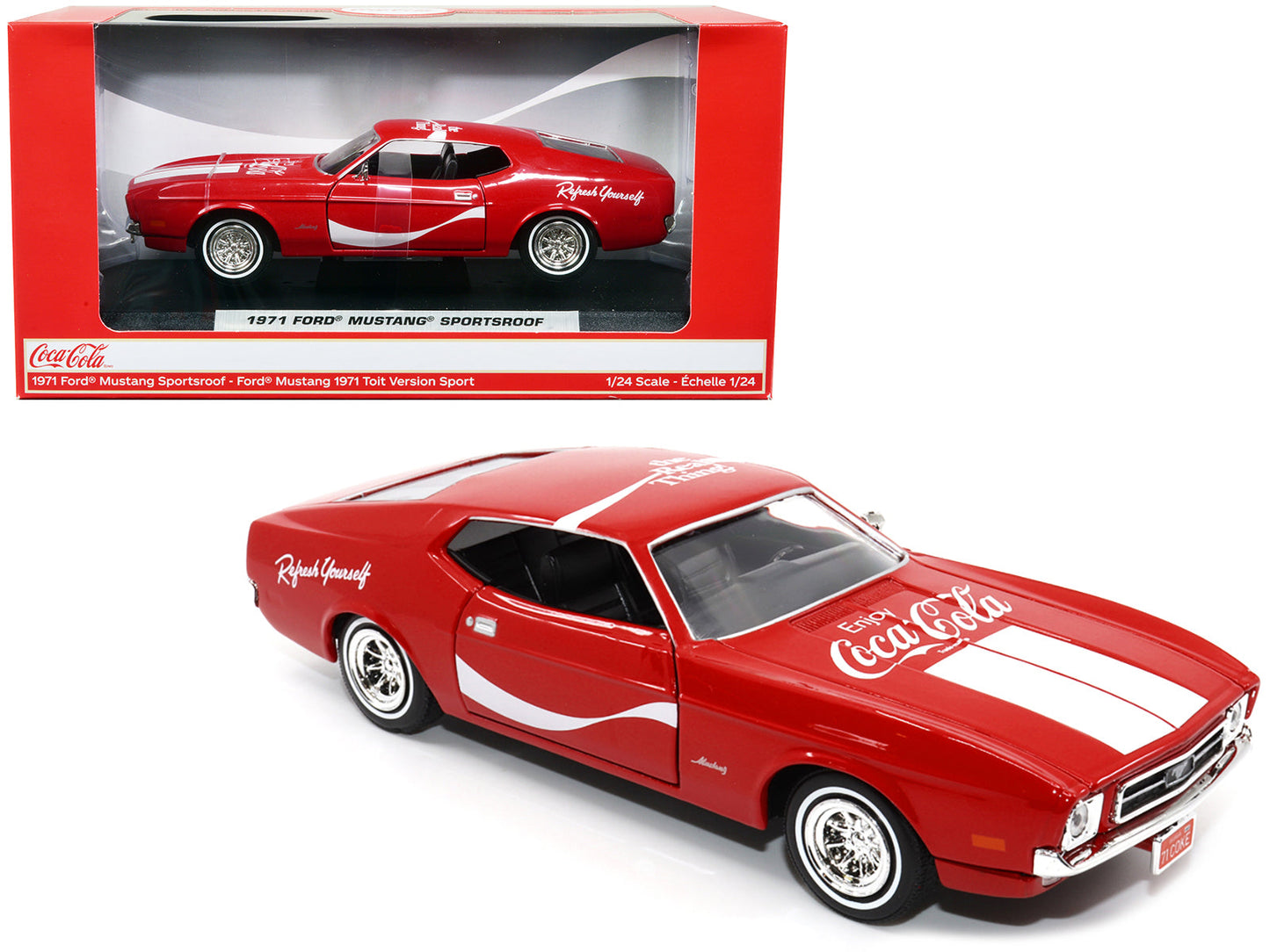1971 Ford Mustang Sportsroof Red with White Stripes "Refresh Yourself - Coca-Cola" 1/24 Diecast Model Car by Motor City Classics  free shipping USA