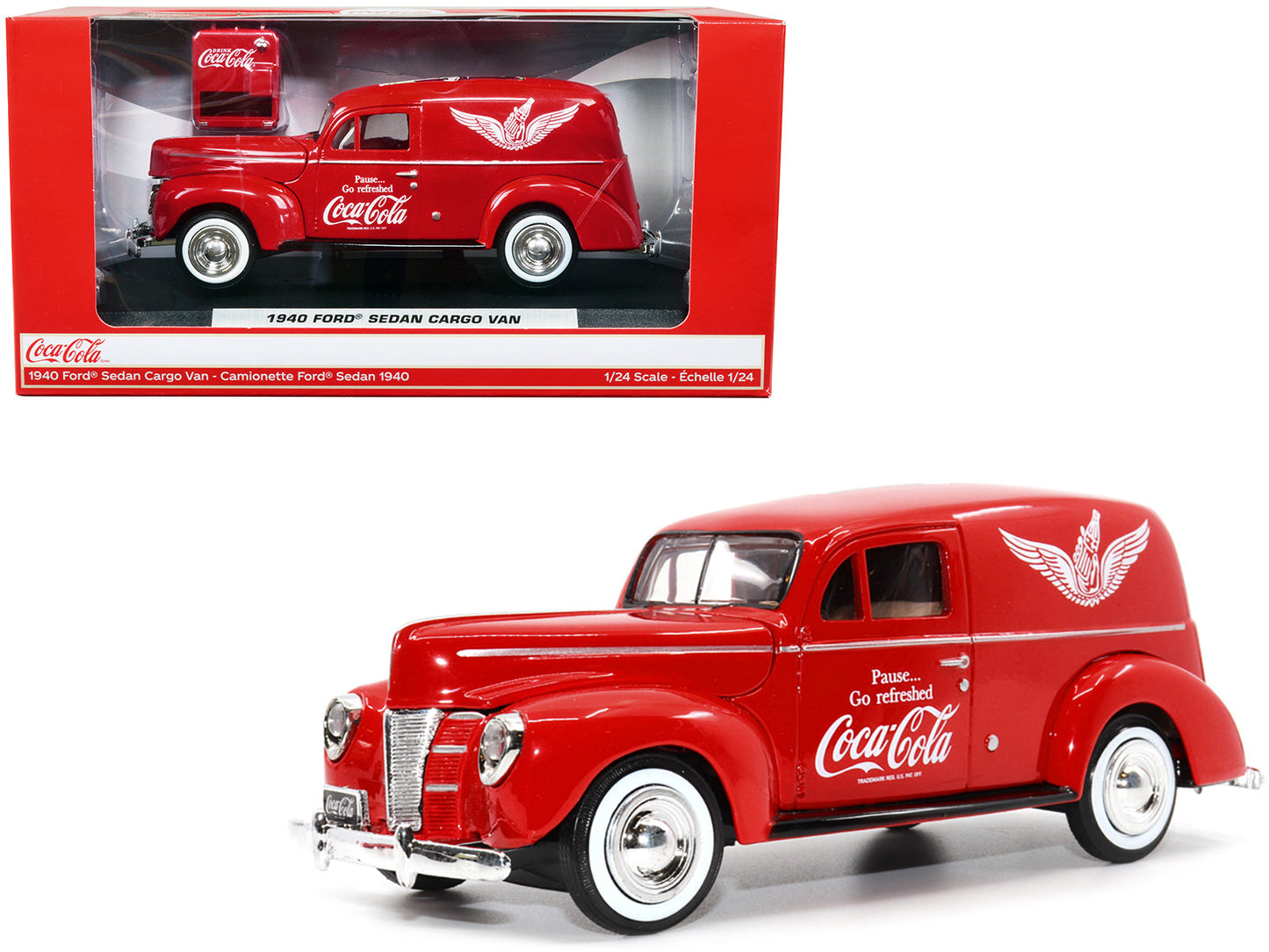 1940 Ford Sedan Cargo Van Red "Pause... Go Refreshed Coca-Cola" with Vending Machine Accessory 1/24 Diecast Model Car by Motor City Classics  free shipping USA