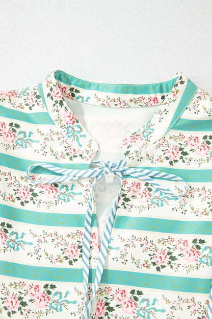 Striped Floral Print Tie Neck Puff Sleeve Midi Dress