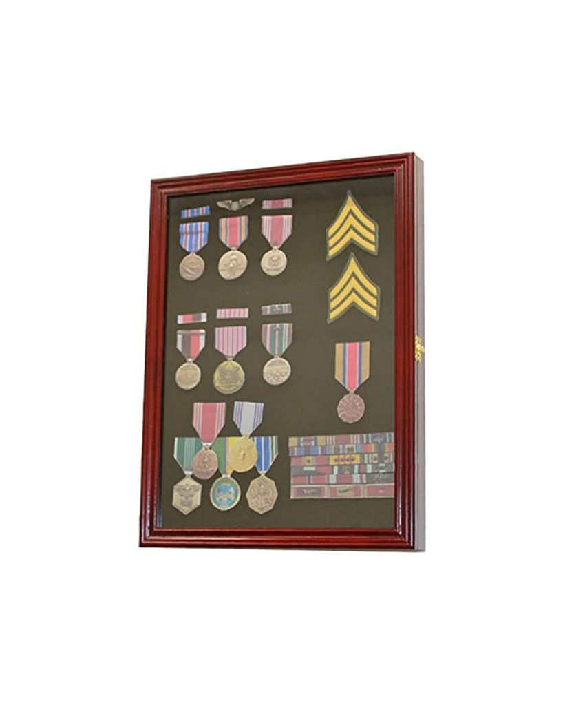 Cherry Finish  Display Case Wall Frame Cabinet for Military Medals, Pins, Patches, Insignia, Ribbons, Brooches.