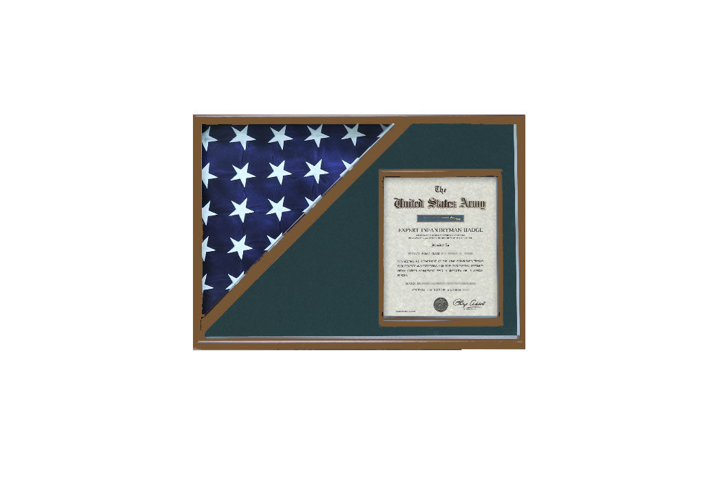 Shadow box for 5' x 9.5' flag with 8.5 x 11 Document holder, Walnut Finish