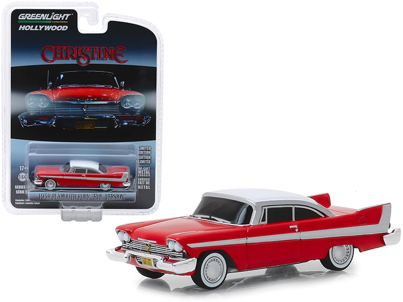 1958 Plymouth Fury Red with White Top "Evil Version" (Blacked Out Windows) "Christine" (1983) Movie "Hollywood Series" Release 24 1/64 Diecast Model Car by Greenlight  free shipping USA